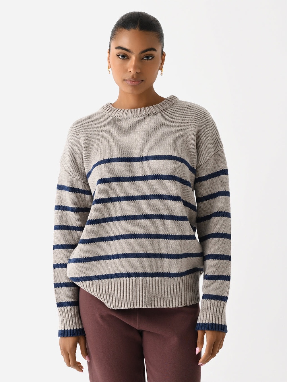 Z Supply Crewneck Sweater in Beige with Navy Stripes